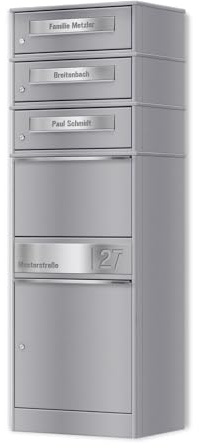 Metzler Paketbox mit 3 Briefkästen – 3er Briefkasten mit Paketfach & Namensgravur, Personalisierte Blenden aus Edelstahl – Outdoor Paketbriefkasten draussen XXL – RAL 9007 Graualuminium - Modell Bispo