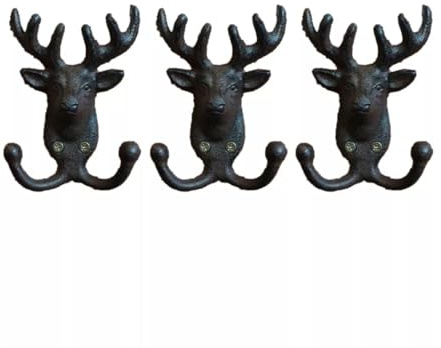 Fyne-Finds Set of 3 Cast Iron Stag Head Wall 2 Hooks Each Rack Utility Storage for Coats Keys Bags Leads Hook