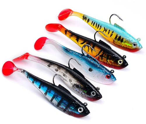 Fhioevt 5 Pieces Sea Fishing Lures Set Predator Soft Lure for Carp Pike Trout Bass Lures with T-Tail Paddle Silicone Fishing Lure with Jig Heads Artificial Lure for Freshwater and Sea water (11 cm)