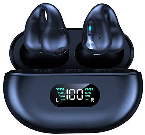 EUSIFA Casque d'écoute à Conduction osseuse avec Clip d'oreille sans Fil, Écouteur Bluetooth 5.3 Sport avec Micro, Écran LED, 36Hrs Durée de Lecture, IP7 Etanche pour Le Sport Cyclisme Conduite, Noir
