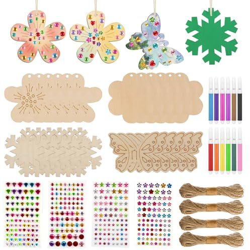 ZYEKIU 40 Pièces Bricolage Enfant, Activité Manuelle Enfant Bois, Travaux Manuels Enfants avec des Strass et des Crayons de Couleur, Activités Manuelles Créativité, pour Fêtes d'anniversaire