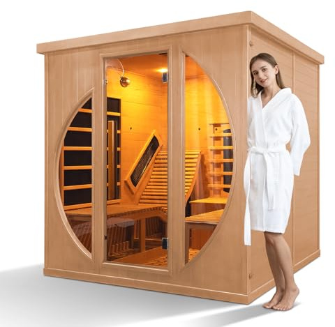 AMOCANE Infrared 2 Person Wooden Sauna with Recliner, Indoor Hemlock Dry Sauna for Home 220V/3400W, 9 Heating Panels, Bluetooth Speaker, 7 Color Lights, Oxygen Bar