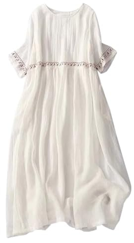 Vestidos de verano de talla grande, vestido largo de lino bordado bohemio, manga corta y midi fluido, blanco, XXL