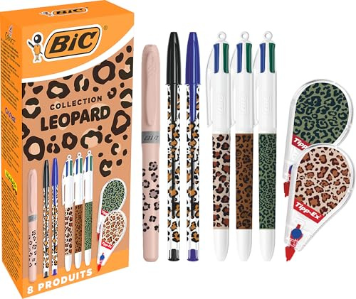 BIC et Tipp-Ex Collection Léopard - Stylos-Bille Pointe Moyenne (1,0 mm), Surligneur Pointe Biseautée, Rubans Correcteurs (6 m x 5 mm) - Motifs Aléatoires, Boîte de 8