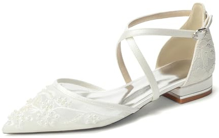 Yhsdfcn Zapatos de Novia Planos con Tiras Cruzadas, Bailarinas de Punta con Bordado Floral y Malla, Zapatos Elegantes con Tacón Bajo para Boda y Fiesta,Marfil,43 EU