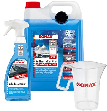 SONAX Winter Edition gebrauchsf. AntiFrost+KlarSicht bis -20 °C, ScheibenEnteiser 750ml Flasche und exklusiver 1L Messbächer für schnellere & schlierenfreie Scheibenreinigung