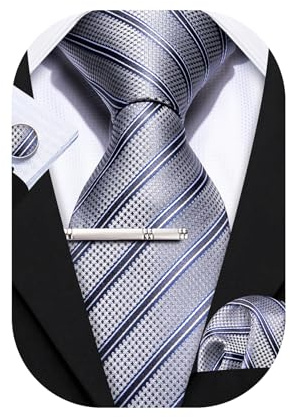 Barry.Wang Corbatas de seda a cuadros para hombre, gemelos cuadrados, 4 piezas, corbata clásica para negocios, boda, Gris claro brillante, Taille unique
