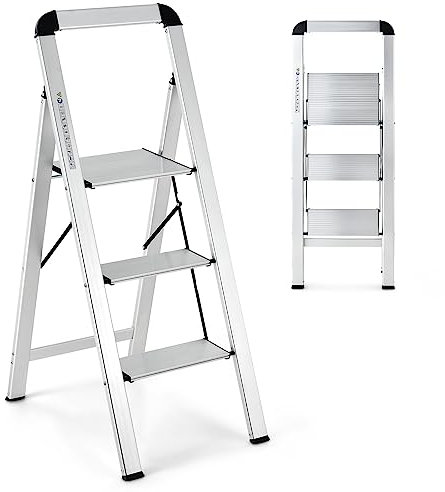 GYMAX Escabeau 3 Marches Pliable, Charge 150 kg, Marchepied en Aluminium, avec Pédale Large & Pieds Antidérapants, Portable & Léger, pour Maison, Bureau, Garage