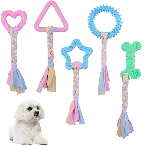 Ailvor Kauspielzeug Hund, 5 Stück Kauspielzeug Welpen, Gummi Welpen Spielzeug mit Baumwollseilen für Hunde zur Linderung von Ängsten, Reinigung der Zähne