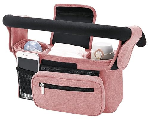 Baby Pram Bag Stroller, Universal Baby Stroller Organizer - with Detachable Phone Bag, Shoulder Strap, 2 Insulated Cup Holder Fits Any Pram Handlebar (Pink)