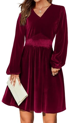 Zeagoo Robes Femme Robe De Cocktail en Velours Élégante Manches Ballon Vintage Robe De Soirée Col en V Manches Longues Robe De Soirée De NoëL Vin Rouge L