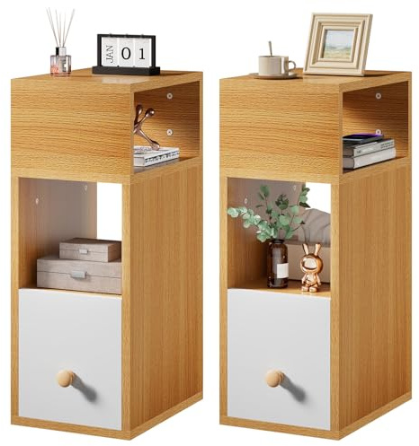 IBUYKE Slim Bedside Table Set of 2, Small Narrow Nightstand with 2 Open Compartments and 1 Drawer, Space Saving, Wood Side End Tables for Bedroom Living Room, Natural WNS006N-2