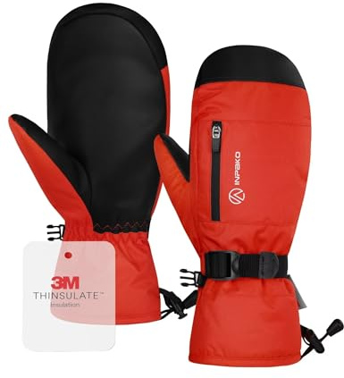 INPAKO Winter Ski Mittens Men Women, 3M Thinsulate Waterproof Mittens with Inside Glove Liners, Touchscreen Snowboarding Gloves, 5-Layer Thermal Warm Cold Weather Snow Gloves for Skiing Orange Medium
