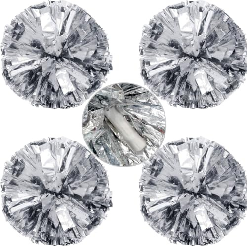 Hooshing 4PCS Silver Cheerleading Pom Poms with Baton Handle