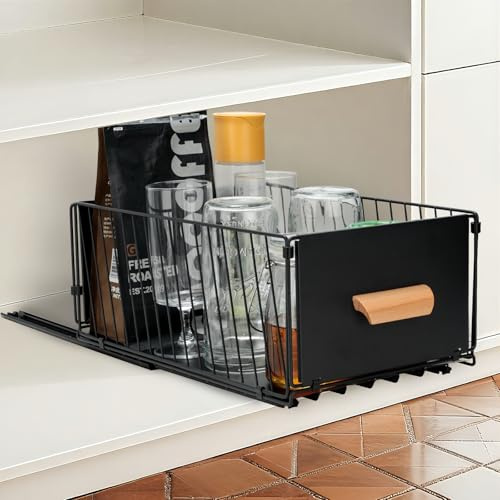 Cozary Teleskopschublade, Ausziehbare Schublade Küche 40-65,5cm, Schubladenregale Herausschieben Kein Bohren Und Nageln, Teleskopschublade Mit Schienensystem(Schwarz, 1Stück, 40-65.5x24x17cm)