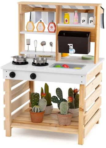 HOMASIS 2 en 1 Cuisine en Bois Double Face pour Enfants, Jouet d'Imitation pour Enfant avec Auvent, Evier Amovible, Réservoir d’Eau et Robinet, Ensemble de Cuisine d'Extérieur de Sapin (Naturel)