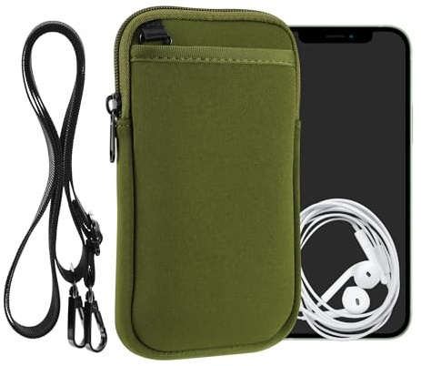 kwmobile Custodia Neoprene con Zip per Smartphone XL - 6,7/6,8 - Portacellulare a Tracolla - Porta Cellulare da Collo Universale - Verde Oliva