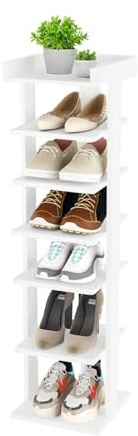 Neo 7 Tier Wooden Shoe Rack Slim Narrow Storage Cabinet Space-Saving Entryway Bedroom Wardrobe (White)