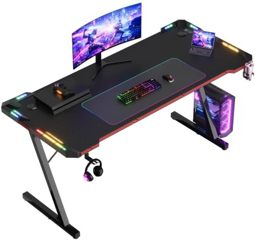 JUMMICO LED Mesa Gaming, 160 x 60 cm Ergonómico Mesa Gamer, Escritorio Gaming de Fibra de Carbono, Escritorio Gamer