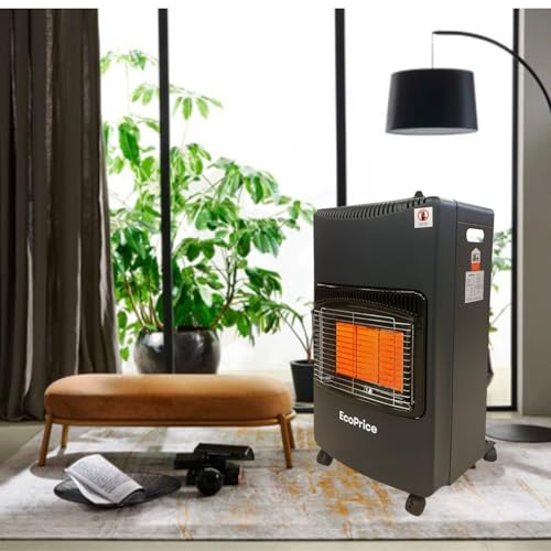 EcoPrice® Stufa A Gas Pieghevole, Infrarossi, Accensione Piezoelettrica,Adatta Per GPL/Butano/Propano, Bombola da 15Kg, Sistema ODS - Nera