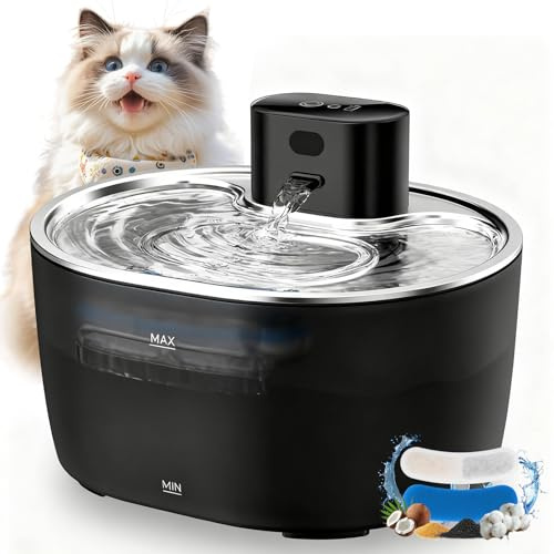 Fontanella per Gatti senza Fili, 3.6L Fontana per Gatti con Pila 5000mAh, Automatico Fontanella Gatto con Sensore di Movimento Super Silenzioso Dispenser Acqua Gatti con Vassoio in Acciaio per Bere