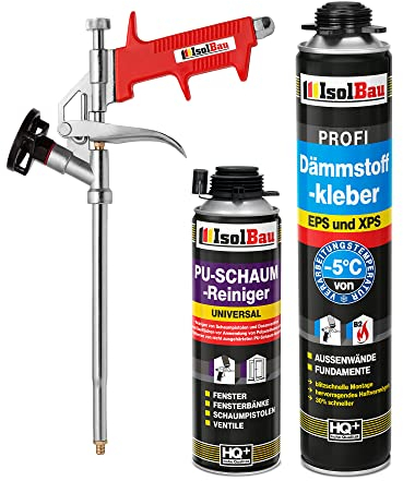 Isolbau B2 Dämmstoffkleber SET - 1 x 750 ml Perimeterkleber, 1 x PU-Schaum-Reiniger & 1x Schaumpistole für EPS & XPS-Platten - 1K PU-Klebeschaum für Fixieren und Isolieren