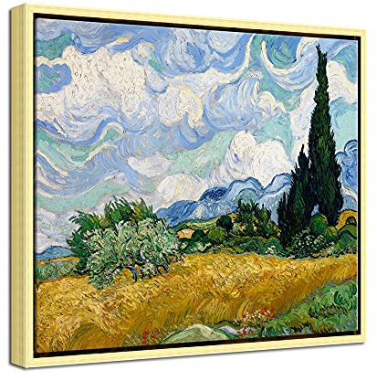 Wieco Art gyllene inramad väggkonst kanvastryck av vetefält med cypresser av Van Gogh målningar reproduktion abstrakt konstverk för väggdekor