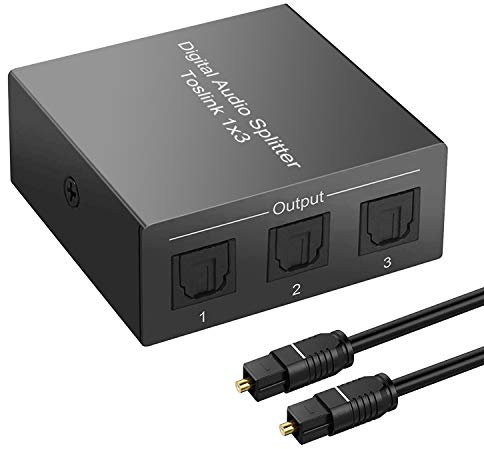 3 Port Toslink Splitter with Optical Cable (1 In 3 Out) Premium Quality Digital Optical Audio Splitter Aluminum Alloy SPDIF Toslink Fiber Audio Splitter Support Dolby Digital DTS 5.1 PCM Stereo LPCM