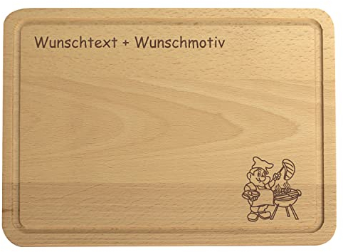 Grillmeister Schneidebrett mit Namen + Motiv Gravur aus Holz - personalisierter Grillteller, Tranchierbrett mit Saftrille, Grillzubehör, Küchenbrett, personalisiertes Männer Geschenk
