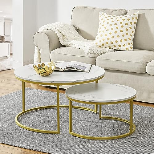 [en.casa] Couchtisch Christchurch 2er Set Wohnzimmertisch rund Sofatisch Satztisch Beistelltisch mit Metallgestell Kaffeetisch Marmoroptik, Weiß/Gold
