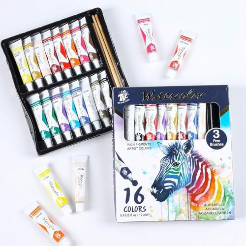 TBC Watercolour Paint Set, Professional Painting Supplies Set 16 x 12ml Water Colour Paints Tubes with 3 Paint Brush for Artists, Beginners, Students, Hobbyists, Adults