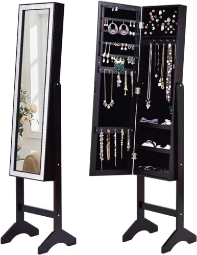 RELAX4LIFE Armoire à Bijoux sur Pieds avec Miroir Pleine Longueur HD, Miroir Rangement Bijoux Inclinable avec Cadre Strass, Grande Capacité pour Colliers Bracelets Boucles d’Oreilles (Noir)