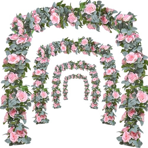 Bacucine Flower Garland Rose Vine 4Pcs 28FT Artificial Floral Garland with Green Leaves Hanging Rose Vine for Wedding Party Garden Home Wall Decor (Light Pink)