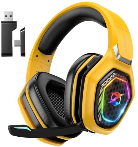 Ozeino Cascos Gaming Inalámbricos para PC/Ps5/Ps4, Auriculares Gaming Inalámbricos de 2,4GHz Wireless+Bluetooth (Amarillo)