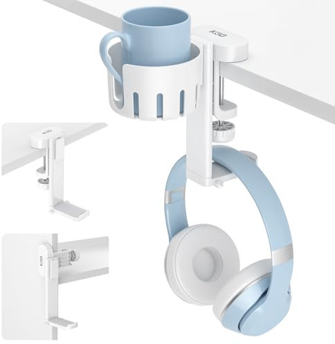 KDD 2 en 1 Soporte Cascos con Mesa Cup Holder - Soporte Auriculares Mesa Giratorio con Abrazadera Bajo el Escritorio - Soporte para Tazas de Café, Vasos de Agua, Auriculares(Blanco)