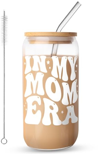 FIDWALL Iced Coffee Cup,Glass Cups with Lids and Straws,Mum Birthday Gifts,New Mum Gifts,Hot and Cold Drinks,Durable Glass (MOM)