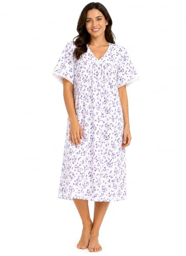 Tesmark Ladies Floral Incontinence Open Back Nightie Hospital Nightdress For Continence Problems Maternity Dress Polycotton Nightdresses for Women UK Size 8-30 (Lilac, 20-22)
