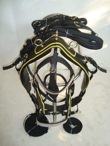Premium Nylon Horse Cart Driving Harness Set, Complete Equestrian Tack with Reins and Bridle Pony, Cob, Full & Shetland Black/Yellow (Cob)