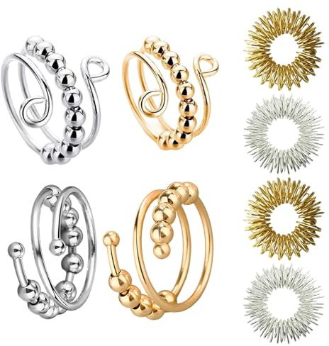 Lokxmve Lot De 4 Anneaux Anti-Stress Réglables Avec Perles D'Acupression Et Boules Rotatives En Acier Pour Soulager Le Stress, L'Anxiété Et La Douleur Des Doigts - Couleur Or Et Argent