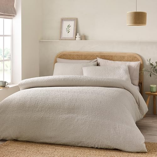Catherine Lansfield Set copripiumino con federe, per letto king size, motivo increspato in seersucker, colore naturale
