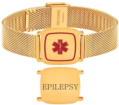 Tobestu Bracelet médical épilepsie - Bijou d’identité d’alerte santé en acier inoxydable plaqué or YA6040