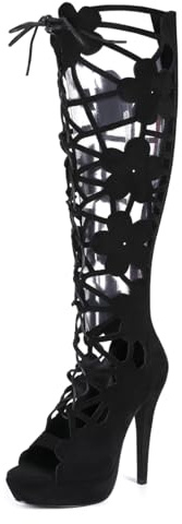 Feinlina Bottes hautes à talons aiguilles en daim noir avec découpes, bout ouvert, lacets, motif floral et fermeture éclair arrière pour femmes (43,Schwarz)