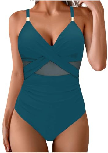 Maillot De Bain Gainant Ventre Plat pour Femme 1 Pieces Maillot De Bain Une Pièce Sexy Col V Transparent en Maille Monokini Swimwear Amincissante Vêtements De Natation De Plage