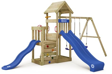 Wickey Torre da gioco Skyflyer 120 & 90 con scivolo blu e telone blu – Doppia altalena per il giardino