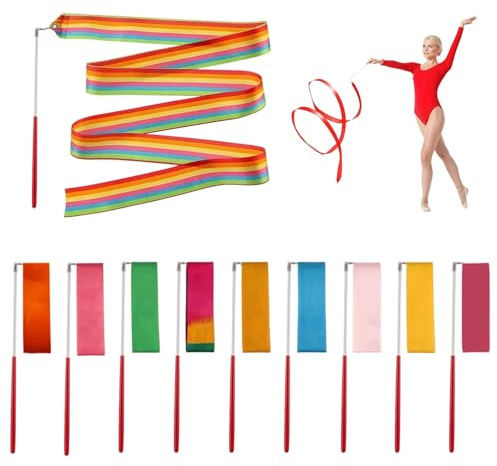 MustuVerve 10 Bandas de Gimnasia con Varilla de 2 m, Juego de Bandas de Danza para, en 10 Colores, Banda de Gimnasia rítmica, Gimnasia, Bandas de Baile, Arco Iris para actuaciones y cumpleaños