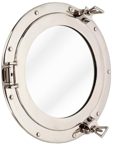 Handicraft Vintage Nautical Ship Porthole Mirror – Wall Mounted Brass Pirate Style Round Mirror for Bathroom, Living Room, Coastal Beach, or Maritime Ocean Theme Home Decor (20 INCHES, Nickel Chrome)