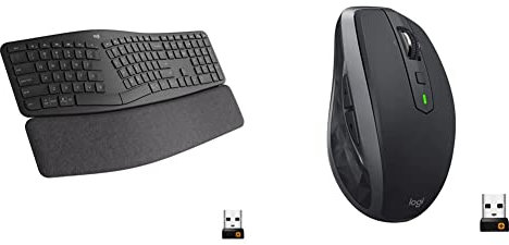Logitech ERGO K860 Wireless Ergonomic Keyboard - Grey & MX Anywhere 2S Wireless Mouse, Multi-Device, Bluetooth and 2.4 GHz with USB Unifying Receiver, laptop/PC/Mac/iPad OS - Graphite Black.