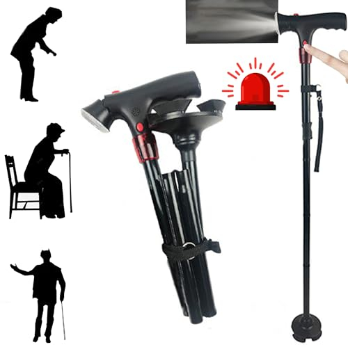 SUQ Bastone da passeggio pieghevole con luce LED per uomini e donne, altezza regolabile, bastone da passeggio pieghevole per anziani con impugnatura laterale, bastoni regolabili e bastoni da passeggio