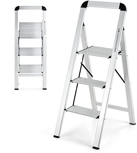 GOPLUS Escabeau Pliable à 2/3 Marches avec Cadre en Aluminium Robuste et Léger, Échelle Pliante Domestique avec Marches et Pieds Antidérapants, Charge Max 150 KG, (62 x 44 x 109 cm)