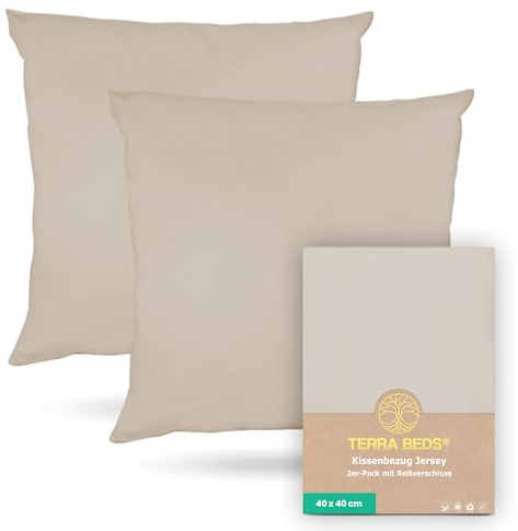 Terra Beds Kissenbezug 40x40 (Set mit 2) -100% Baumwolle Jersey 160 g/m², Oeko-Tex Zertifiziert - Kopfkissenbezug für Kissen 40x40 mit Reißverschluss, dehnbarem weich, atmungsaktiv - (Beige)